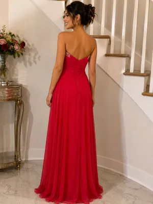 ElisaBella Strapless Red Evening Gown with Embellished Sweetheart Neckline thumbnail 2