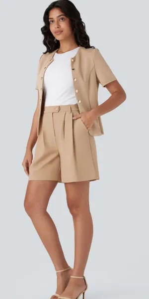 NWOT Halara Khaki High-Waisted Zipper Pocket Work Linen-Feel Shorts thumbnail 1