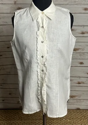 edward white sleeveless ruffle front 100% Irish linen button-up blouse Small thumbnail 1
