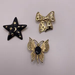 Lot Of 3 Vintage - Modern Brooch Pins Gold Tone / Black - Bow, Butterfly, Star thumbnail 2