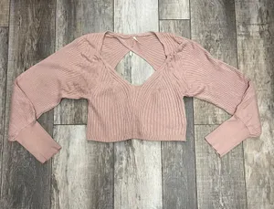 Free People Rose Pink Cropped Plunging VNeck Sweater Size Large thumbnail 8