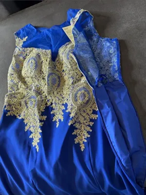 Royal Blue Evening Gown Gold Lace Appliqué with Train Side Zip Size 18 NWT thumbnail 7