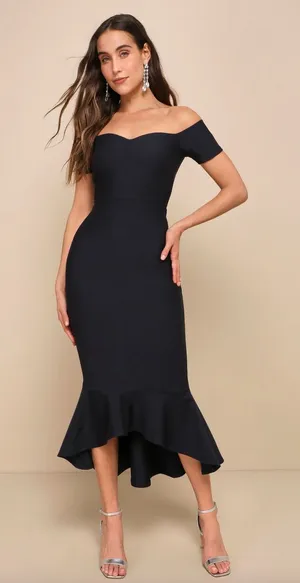 Lulus How Much I Care Midnight Blue Off-the-Shoulder Midi Dress Cocktail XS NWT thumbnail 1