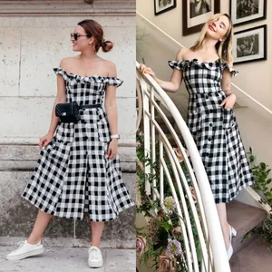 Reformation Hattie Off Shoulder Linen Midi Dress US 0 Gingham Europe Vacation‎ thumbnail 2