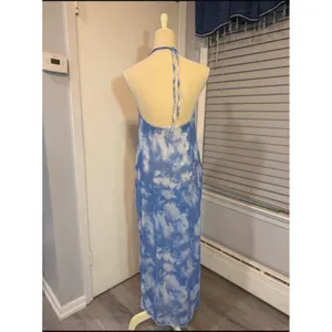 Blue Cloud Print Halter Swim Cover Up Maxi Dress Beach Resort Side Slit thumbnail 8