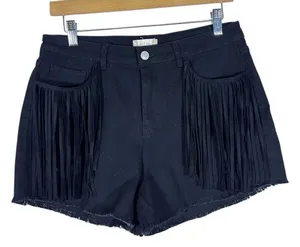 Altar'd State Fringe Front Raw Hem Denim Shorts Black Western Boho Size M thumbnail 1