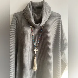 1Pc Boho Sweater Necklace Colorful‎ Beaded Cream Tassel Cross Charm Fashion thumbnail 6