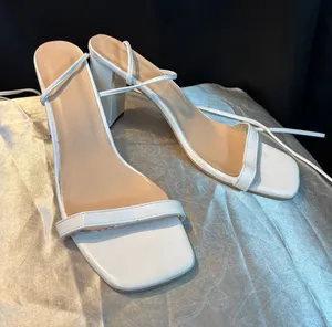 White Lace Up Block Heel Sandals Square Toe Strappy Wrap Around Size 41 Womens thumbnail 1
