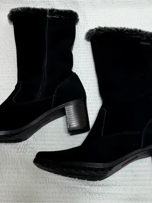 Sporto waterproof Women's Black Faux-Fur Trim Mid-Calf Heeled Boots Swede 8 thumbnail 1