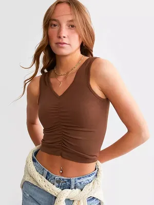 Intimately Free People Sleeveless Ruched V-Neck Crop Tank Top Brown thumbnail 1