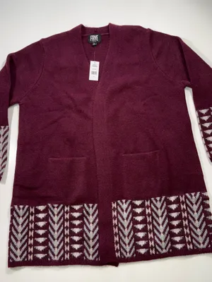 Frye Burgundy Open-Front Cardigan with Cream Geometric Trim Size XL thumbnail 2
