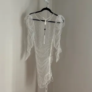 FOR LOVE & LEMONS White Puff Sleeve Sheer Tulle Dress Rhinestone Pearls Sz Med thumbnail 5
