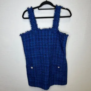 Zara Blue Tweed Mini Dress Pinafore‎ Frayed Trim Pearl Button Large L 8920/221 thumbnail 2
