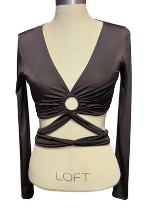 Top Chic L Long Sleeve O-Ring Wrap Crop Top Brown Y2K Clubwear‎ Night Out thumbnail 1