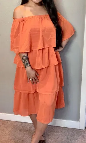 Petal Roz Orange Off The Shoulder Tiered Midi Dress Size S thumbnail 1