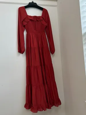 in february Rust Smocked Tiered Ruffle Maxi Dress Square Neck Size S NWT thumbnail 2