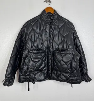 Zara Black Quilted Faux Leather Puffer Jacket Oversized Utility Pockets Medium thumbnail 1