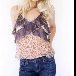 Free People All Things Sheer floral camisole tiered tank top In size L thumbnail 9
