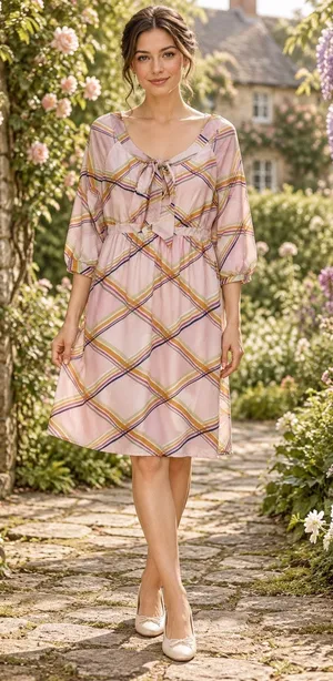 VTG Tulle Dress Small Powder Pink Chiffon Plaid Tie Neck Preppy Academia thumbnail 1
