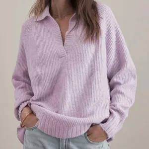 Aerie light pastel purple waffle knit collared oversized cozy sweater thumbnail 1