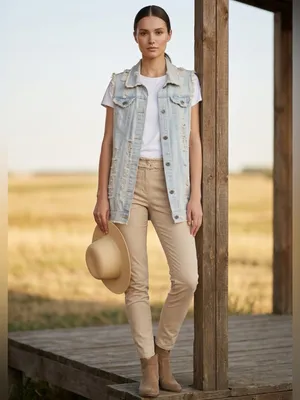 Distressed Denim Vest Womens Medium Long Length Western Cowgirl Rodeo Festival thumbnail 10