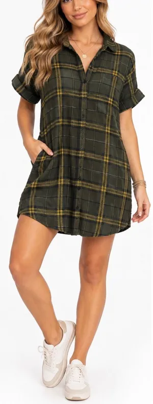 Known Supply Shirt Dress Womens Medium Olive Green Plaid Flannel Organic Cotton thumbnail 1
