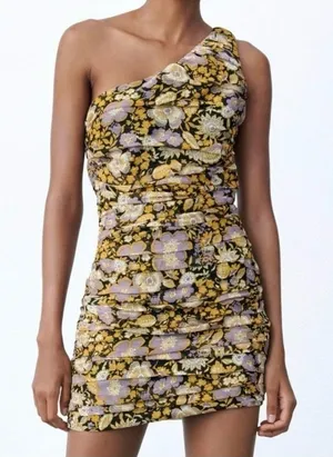 NWT Zara One Shoulder Metallic Floral Mini‎ Dress in Purple Gold Size Medium thumbnail 1