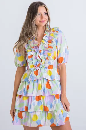 Karlie Mosaic Print Colorful Ruffle Detail Tiered Mini Dress thumbnail 1