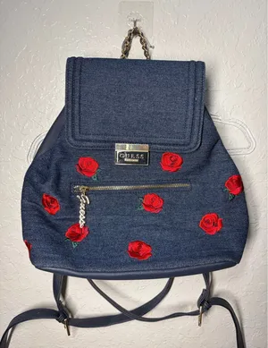 GUESS Blue Denim Backpack Bag Roses Casual Boho thumbnail 1
