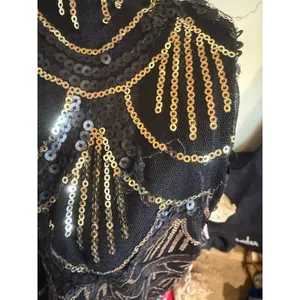 Gianni Bini Black Gold Sequin Mini‎ Dress Art Deco Scalloped Long Sleeve Medium thumbnail 5