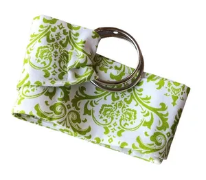 Handmade Womens Belt Chartreuse‎ Lime Green Beige Damask Fabric Wide Round Rings NEW thumbnail 1