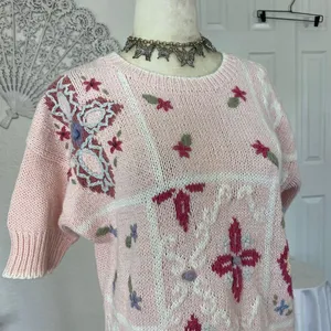 Vintage Light Blush Pink Boho Coquette Knitted Knit Shortsleeve Sweater Top M thumbnail 3