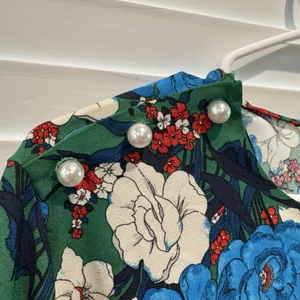 Zara Green Blue White Preppy Floral Bell Sleeve Modest High‎ Neck Blouse Size S thumbnail 3