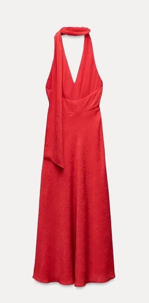 Zara midi dress Elegant Red Halter prom wedding cocktail party satin thumbnail 8