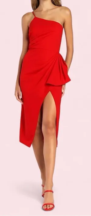 Lulu's One-Shoulder Red Midi Dress with Side Drape NWT thumbnail 1
