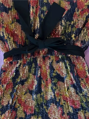 Zara Multicolor Sequin Floral Dress with Black Waist Tie thumbnail 3