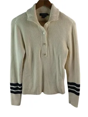 LRL Ralph Lauren M Ribbed Creme Cotton Pullover Sweater in Off-White thumbnail 1