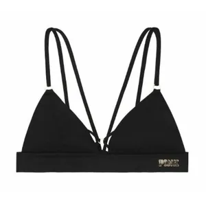 Victoria's Secret PINK Bralette Medium Lined Black Gold Logo Band Bra thumbnail 3