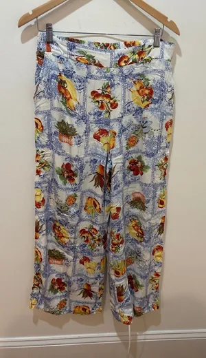 Rose + Olive Fruit Tile Print Wide Leg Pants Blue‎ White Mediterranean Size M thumbnail 1