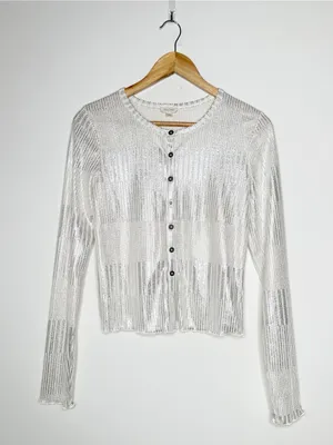 Pilcro Anthropologie Andie Silver Shimmer Ribbed Cardigan Sweater Size M thumbnail 2