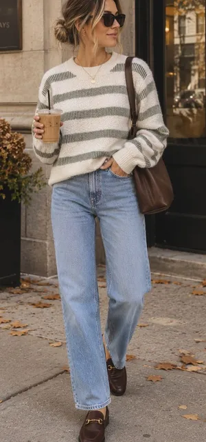 Absolutely Cream and Olive Striped Crewneck Sweater thumbnail 1