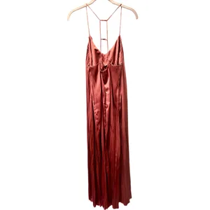 Zara Boho Rust Crinkle Satin Pleated Maxi Dress Cross Ladder Back Maroon Small thumbnail 5