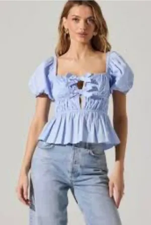 ASTR The Label Light Blue Puff Sleeve Tie Front Peplum Milkmaid top L Coquette thumbnail 1