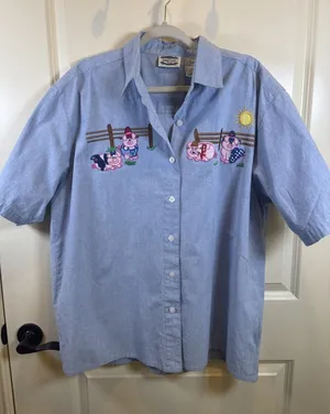 Vintage 90s Women Size 18 Short Sleeve Farm Pig Embroidered Stitched Shirt thumbnail 1
