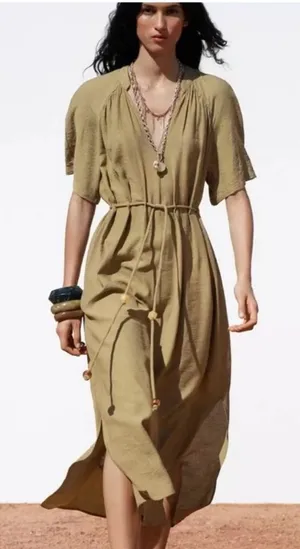 Zara Dress Womens Sz XS Khaki Olive Midi Pleated Tie Waist Contemprorary Beachy thumbnail 1