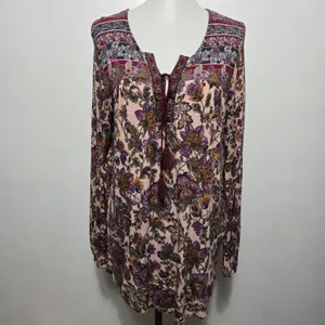 Hannah Blush Floral Tassel Tie Knit Blouse Size Large Bohemian Peasant thumbnail 2