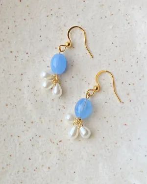 Handmade beautiful German beads & faux pearl dangle earrings🩵 thumbnail 5