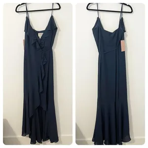 BHLDN Hailee Ruffle-Neck Wrap Georgette Gown Blue Navy Bridesmaids Size 10 NWT thumbnail 3
