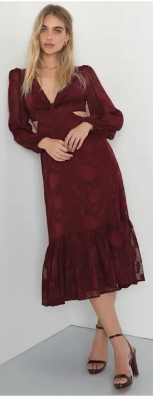 Lulus Desired Aesthetic Wine Red Floral Burnout Long Sleeve Midi Dress Size L thumbnail 1
