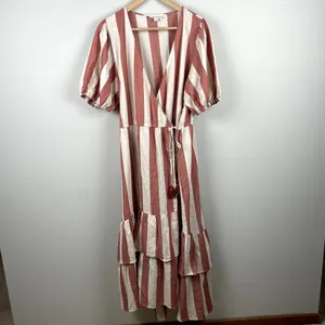Knox Rose Wrap Dress L Maxi V-Neck Striped Cream‎ Brick Tiered Short Puff Sleeve thumbnail 4